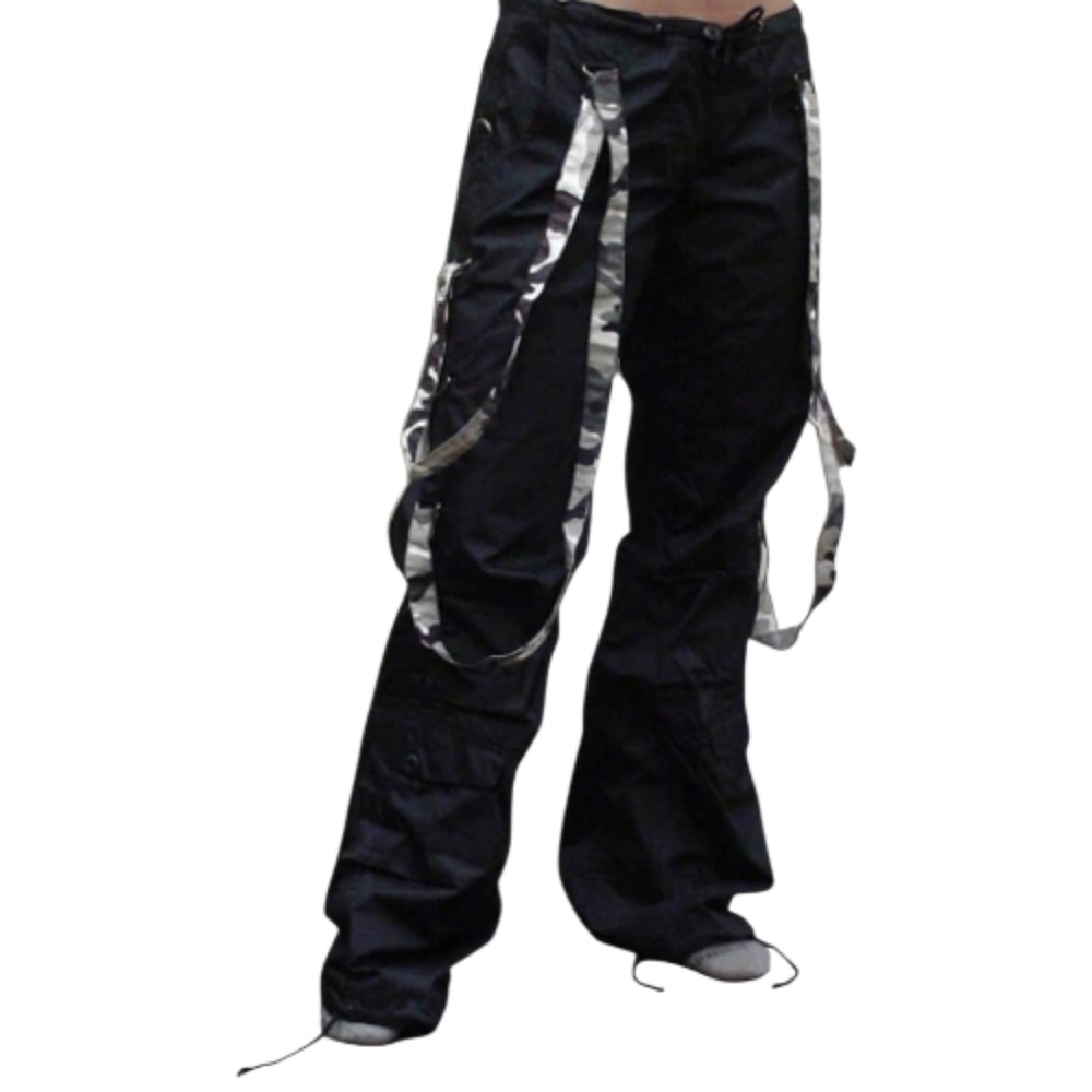UFO black strappy camo low rise hipster parachute pant S